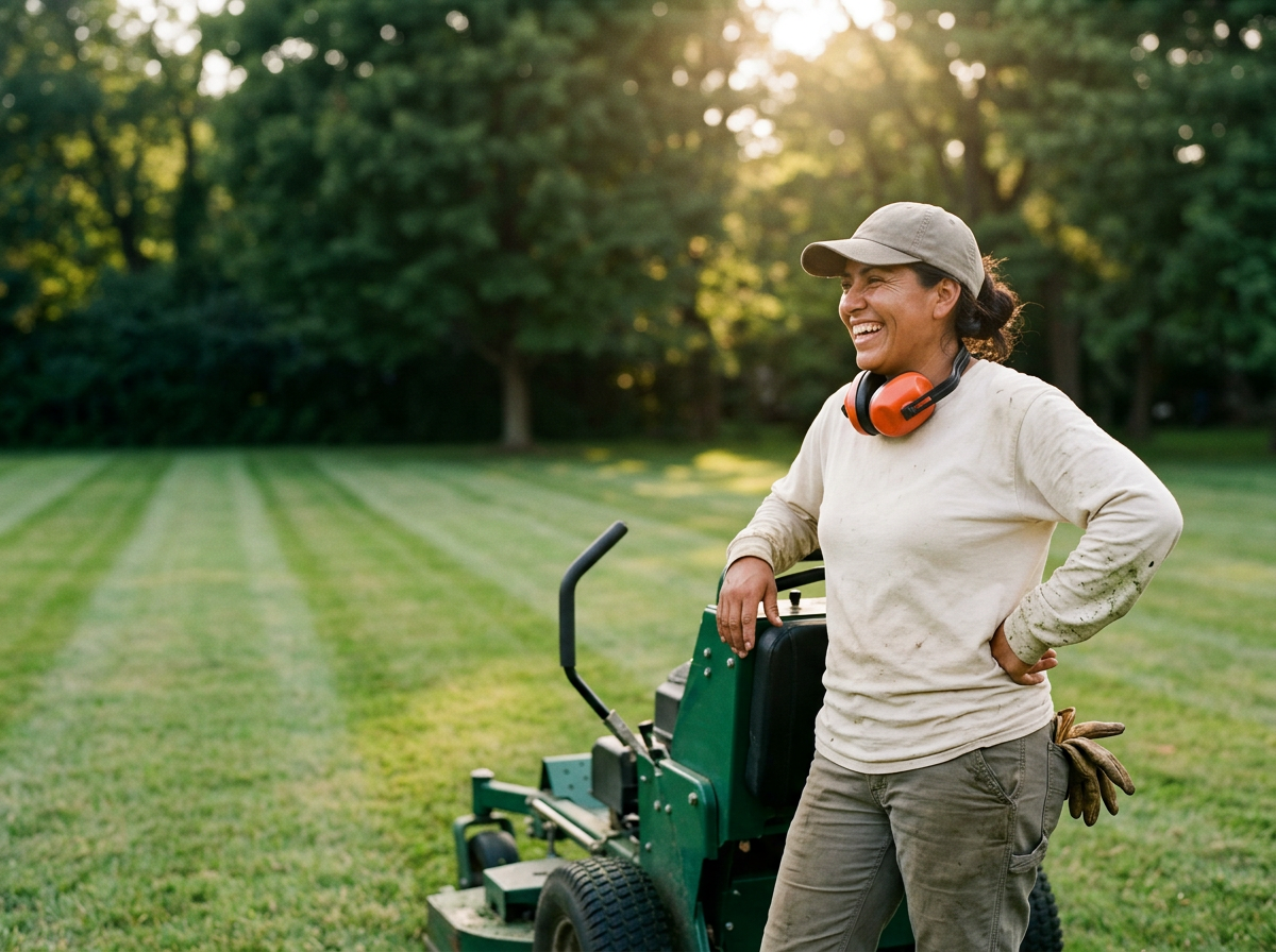 A landscaper on a freshly finished lawn