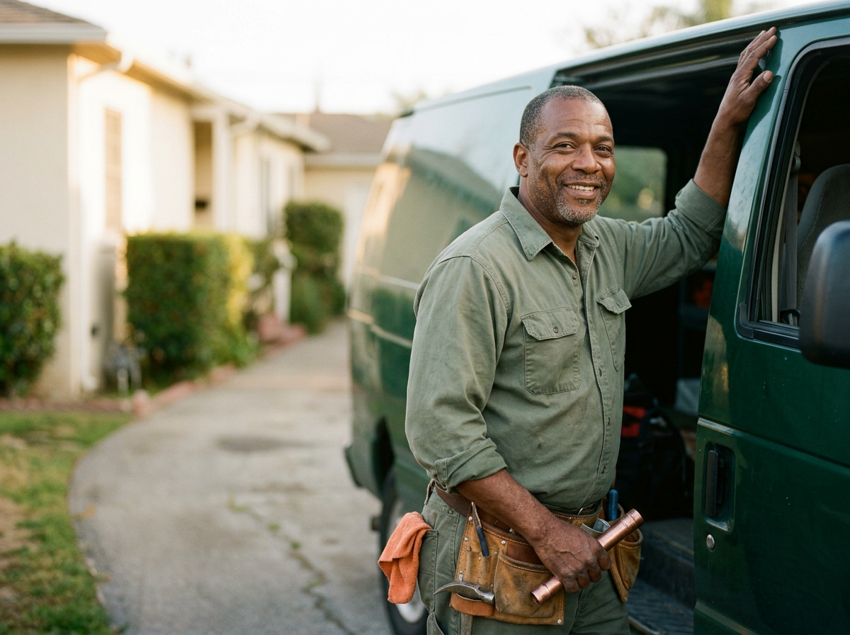 A local plumber smiling beside their work van